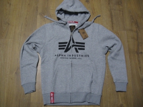 Alpha Industries, hrubá šedá mikina na zips s kapucou a tlačeným logom s klokankovým vreckom vpredu 80%bavlna 20%polyester 